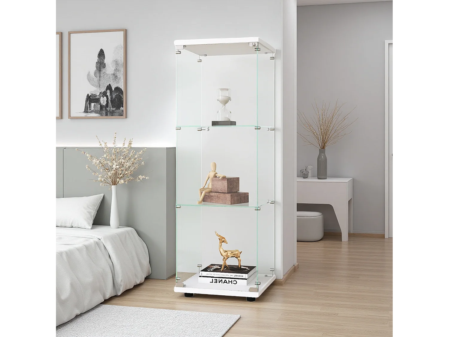 Vitrine en verre avec 3 étagères, armoire à curiosités à une porte pour salon, chambre, bureau, bibliothèque en verre blanc sur pied, installation rapide