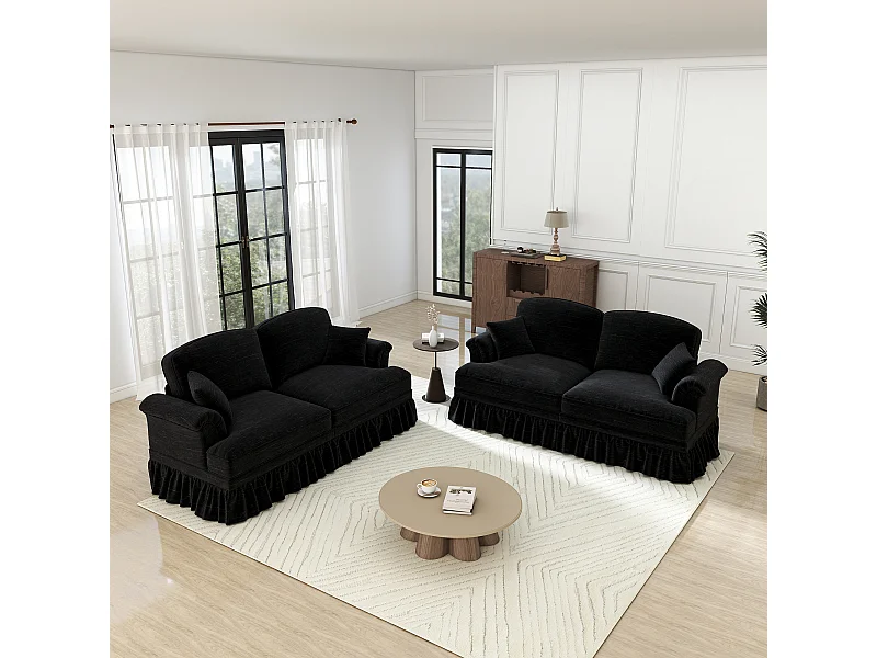 Set 2 Couchen Chenille 2-Sitzer - Abnehmbarer Überwurf und 4 Kissen - 194x83.5x93cm - Schwarz