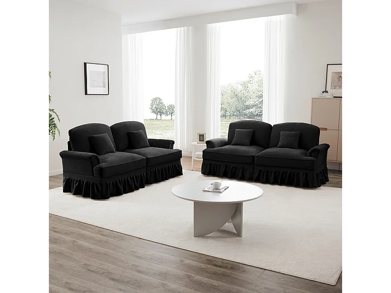 Lot de 2 canapé en Chenille - 2 places - avec cantonnière amovible et 4 oreillers - 194x83,5x93cm - Noir