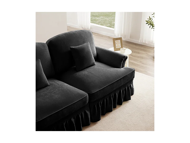 Lot de 2 canapé en Chenille - 2 places - avec cantonnière amovible et 4 oreillers - 194x83,5x93cm - Noir