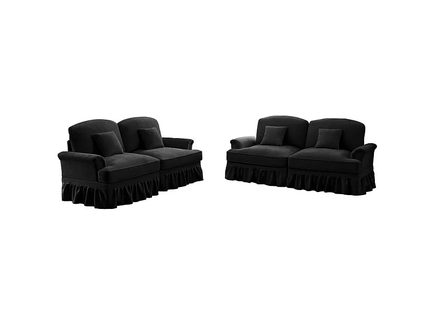 Lot de 2 canapé en Chenille - 2 places - avec cantonnière amovible et 4 oreillers - 194x83,5x93cm - Noir