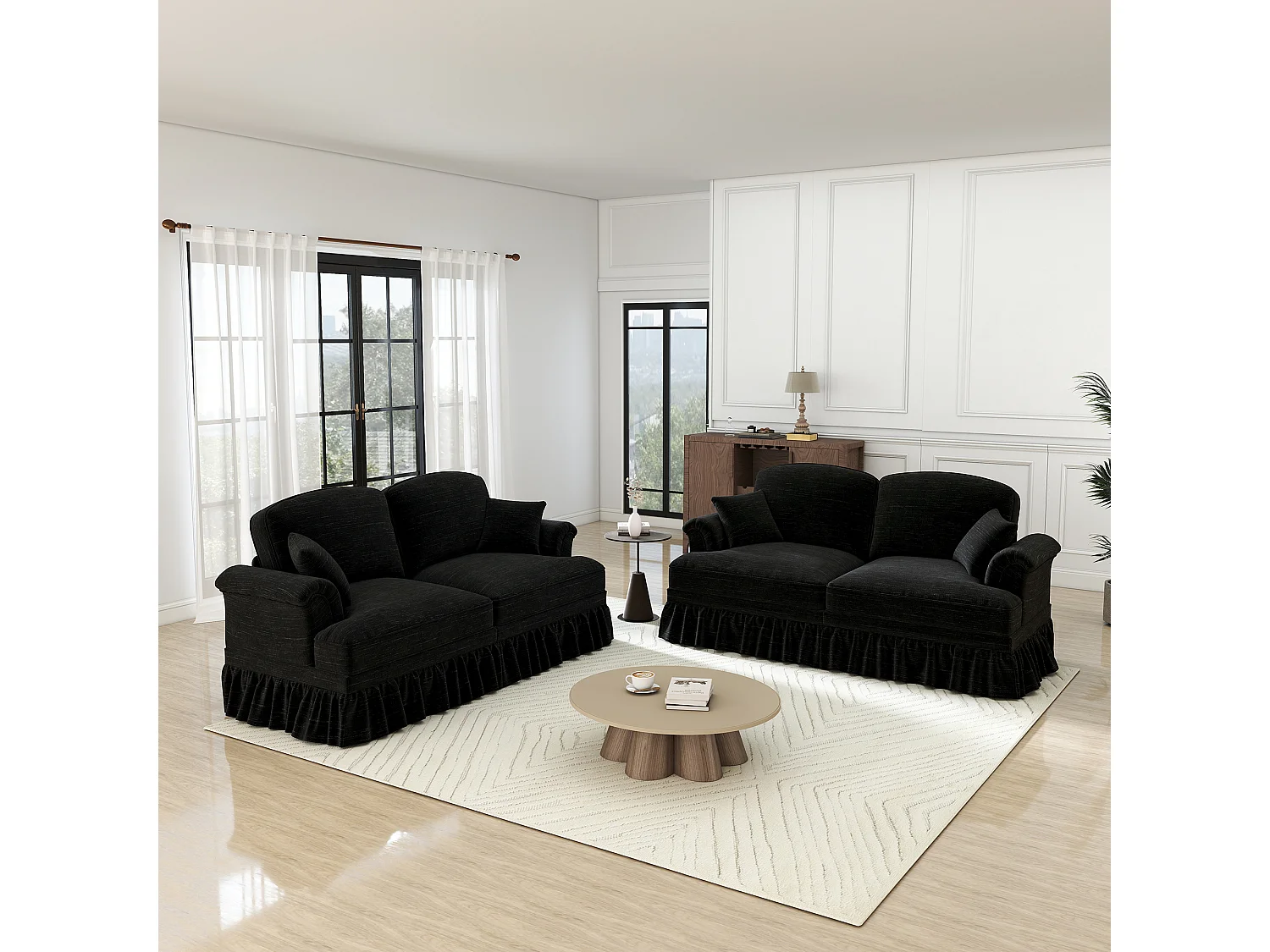 Lot de 2 canapé en Chenille - 2 places - avec cantonnière amovible et 4 oreillers - 194x83,5x93cm - Noir