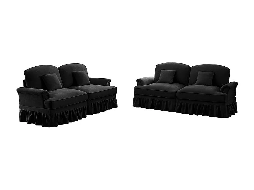 Lot de 2 canapé en Chenille - 2 places - avec cantonnière amovible et 4 oreillers - 194x83,5x93cm - Noir