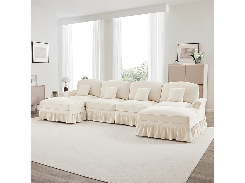 Sofá Cantinho Modular 4 Lugares em U - Chenille - Capa Removível e 2 Pufs - 350x140x93cm - Bege