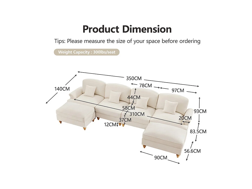 Sofá Cantinho Modular 4 Lugares em U - Chenille - Capa Removível e 2 Pufs - 350x140x93cm - Bege