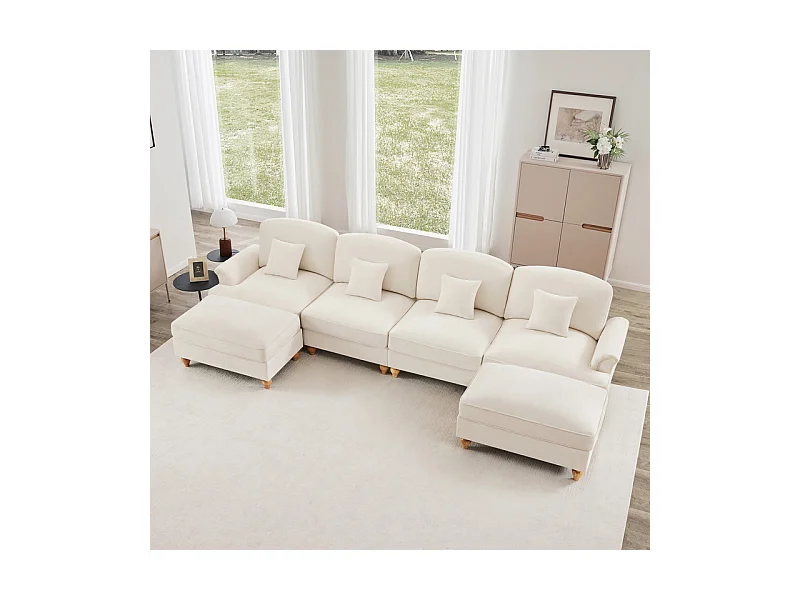 Sofá Cantinho Modular 4 Lugares em U - Chenille - Capa Removível e 2 Pufs - 350x140x93cm - Bege