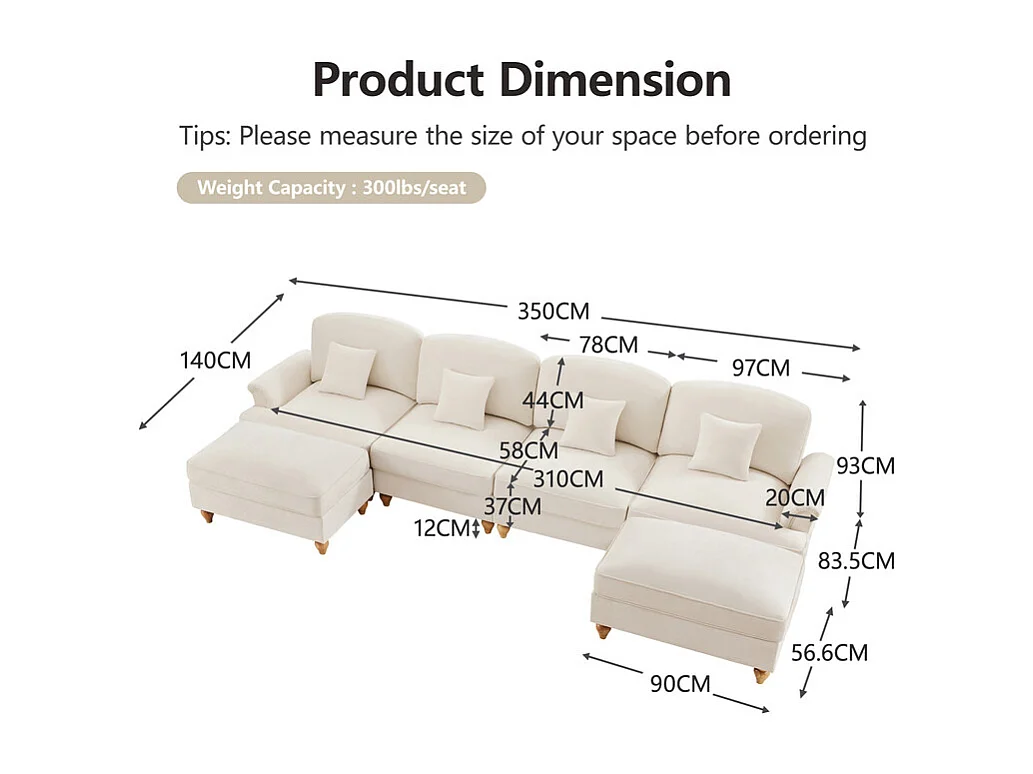 Canapé 4 places d’angle Modulable en U - Chenille - avec cantonnière amovible et 2 pouf mobile - 350x140x93cm - Beige