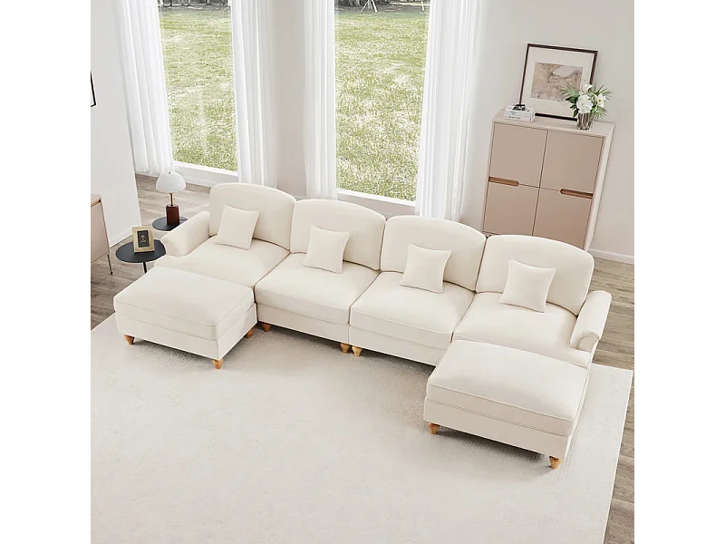 Canapé 4 places d’angle Modulable en U - Chenille - avec cantonnière amovible et 2 pouf mobile - 350x140x93cm - Beige