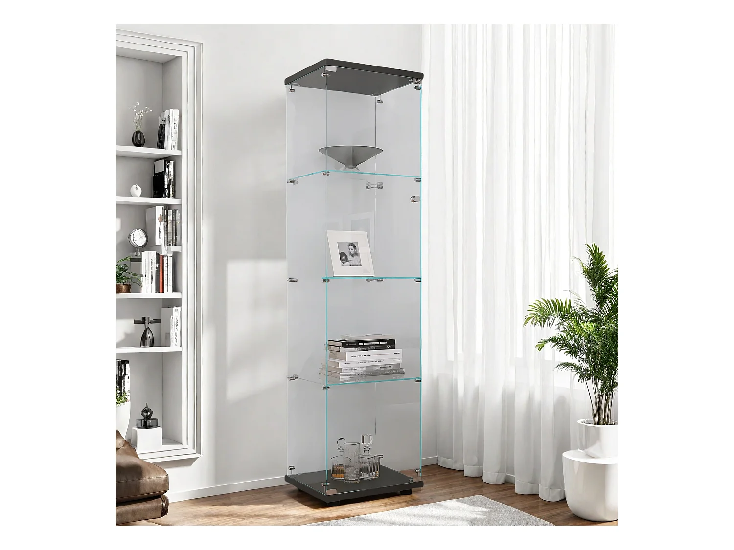 Vitrinekast met 4 planken en deur, staande boekenkast voor woonkamer, slaapkamer, kantoor, gehard glas, zwart