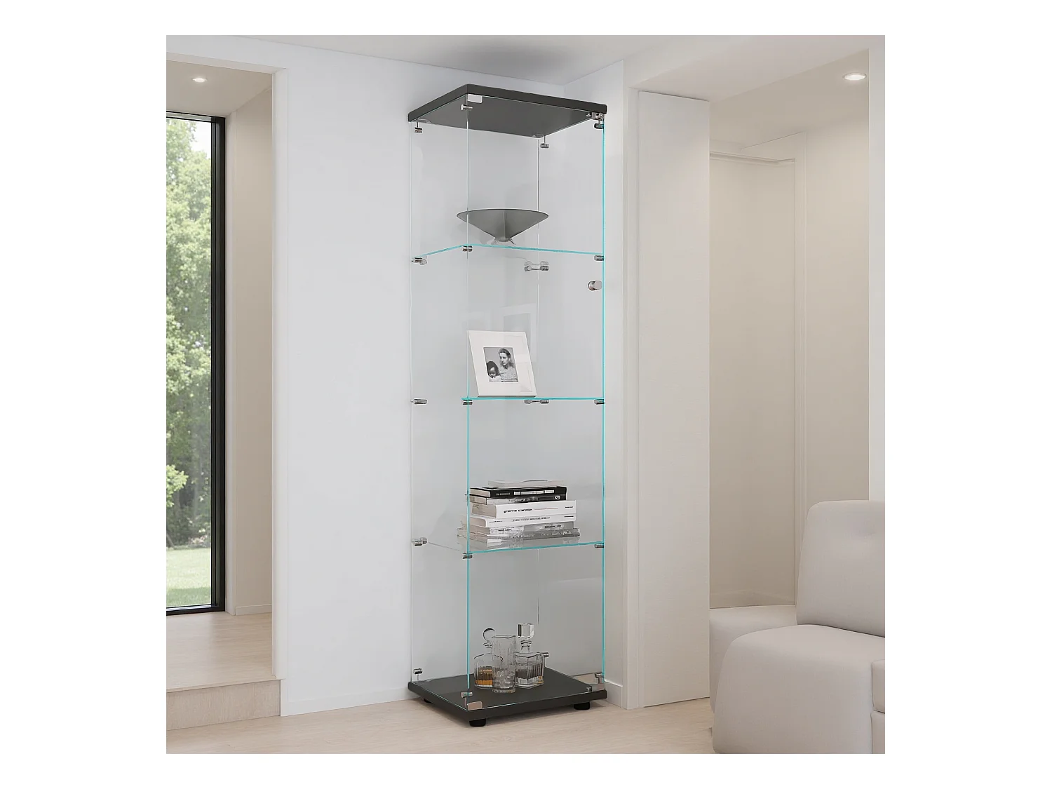 Vitrinekast met 4 planken en deur, staande boekenkast voor woonkamer, slaapkamer, kantoor, gehard glas, zwart