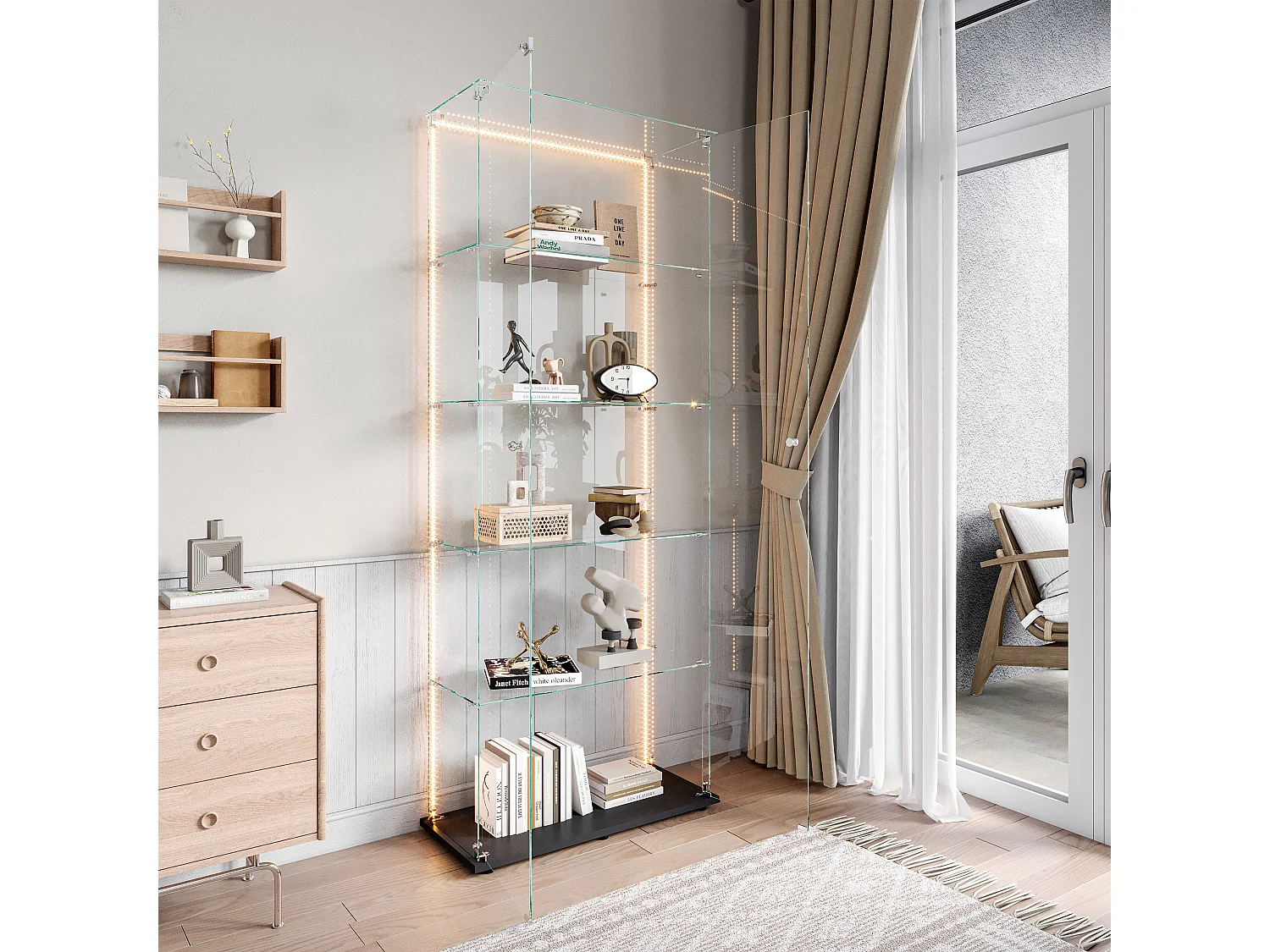 Vetrina a doppia anta con 5 ripiani e striscia LED – Vetro temperato, design moderno, mobilità flessibile e spazio di archiviazione ottimale