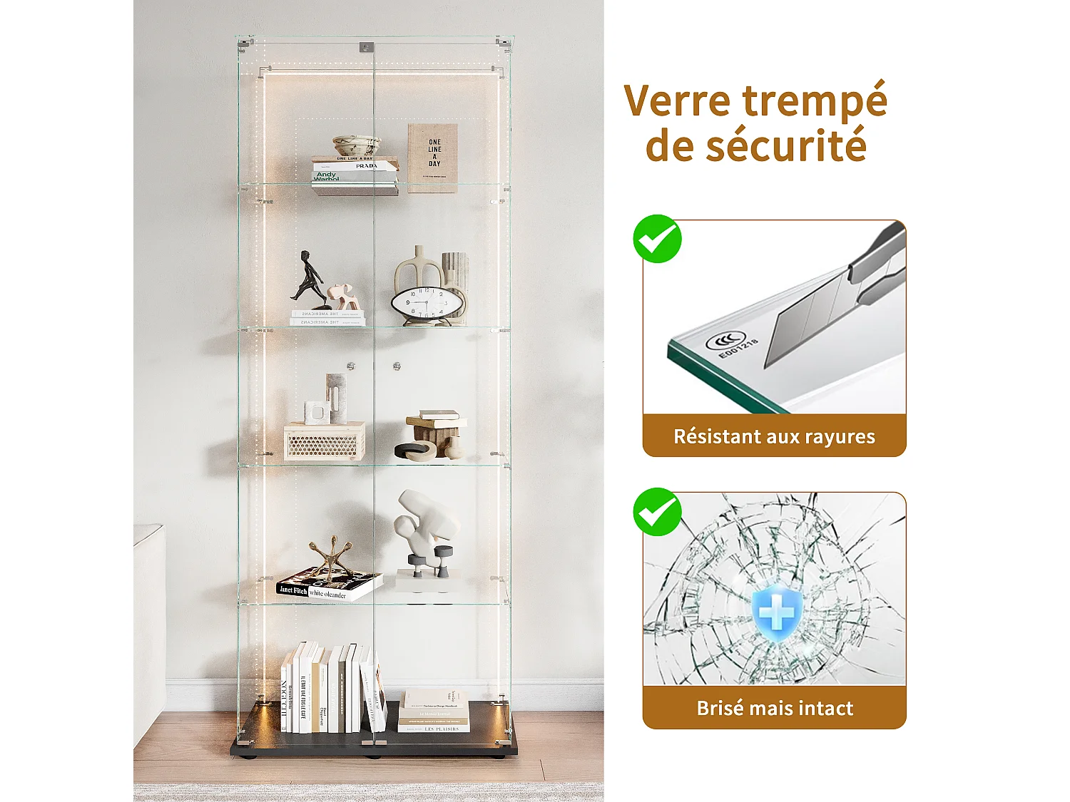 Vetrina a doppia anta con 5 ripiani e striscia LED – Vetro temperato, design moderno, mobilità flessibile e spazio di archiviazione ottimale