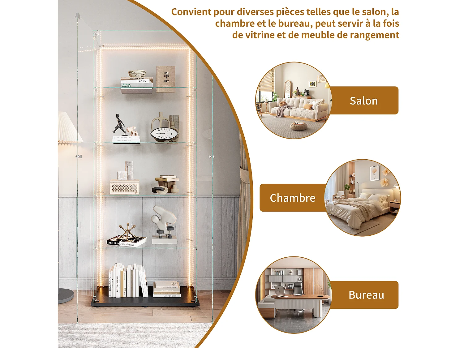 Vetrina a doppia anta con 5 ripiani e striscia LED – Vetro temperato, design moderno, mobilità flessibile e spazio di archiviazione ottimale