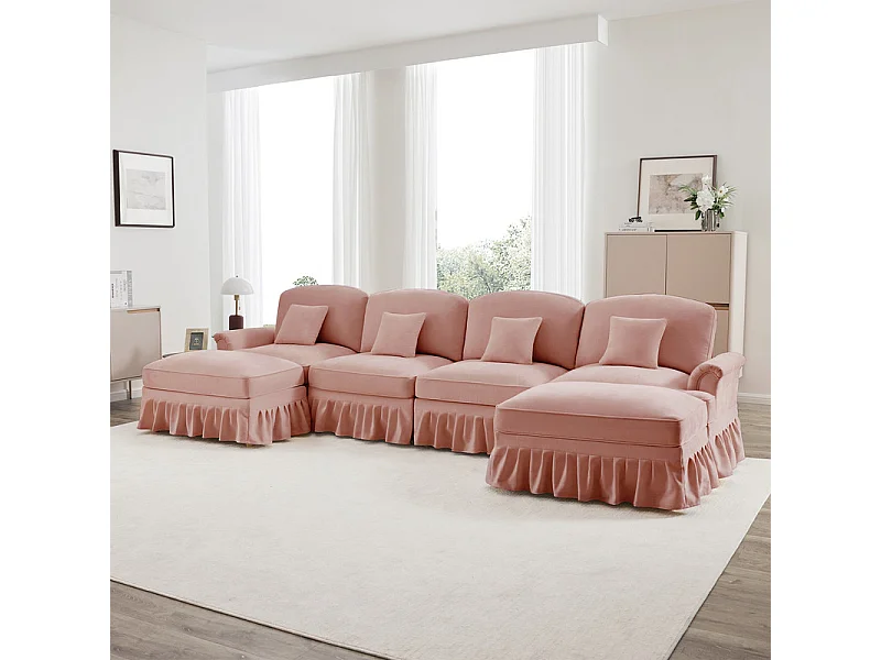 Sofá Cantinho Modular 4 Lugares em U - Chenille - Capa Removível e 2 Pufs - 350x140x93cm - Rosa