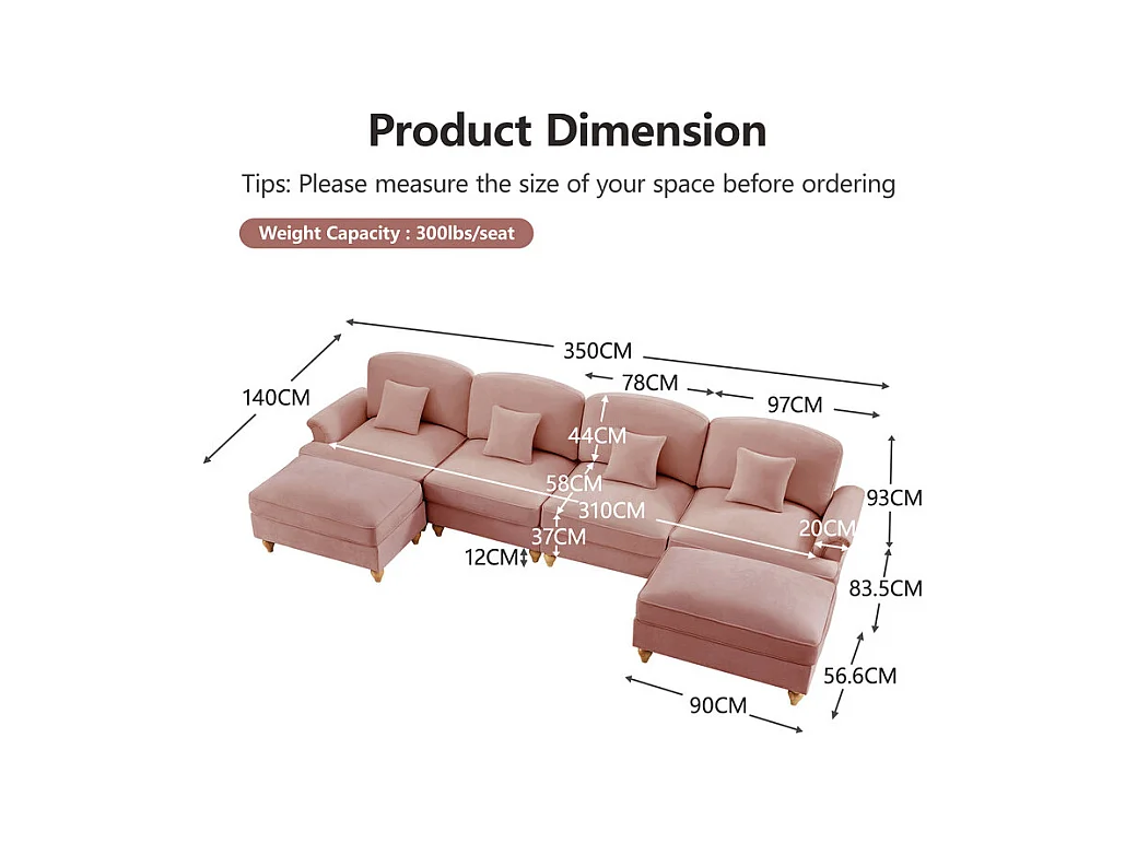 Sofá Cantinho Modular 4 Lugares em U - Chenille - Capa Removível e 2 Pufs - 350x140x93cm - Rosa