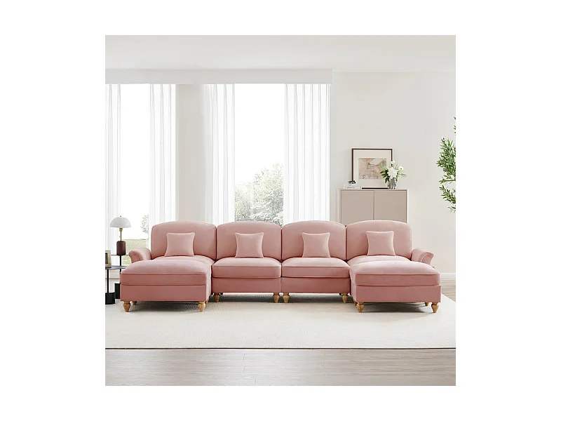 Sofá Cantinho Modular 4 Lugares em U - Chenille - Capa Removível e 2 Pufs - 350x140x93cm - Rosa