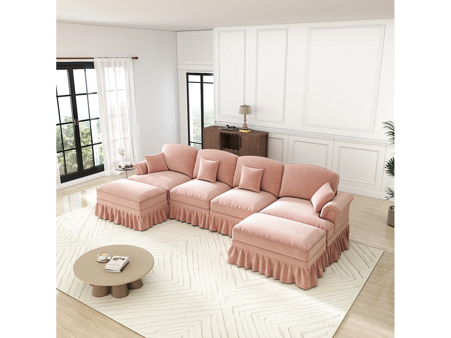 Canapé 4 places d’angle Modulable en U - Chenille - avec cantonnière amovible et 2 pouf mobile - 350x140x93cm - Rose