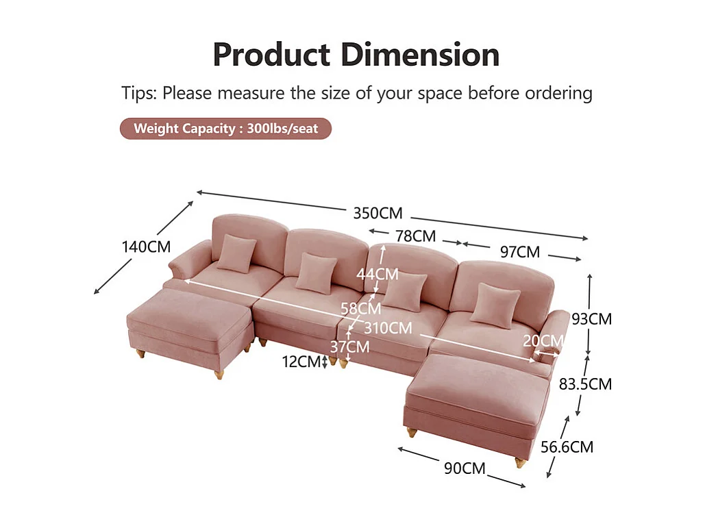 Canapé 4 places d’angle Modulable en U - Chenille - avec cantonnière amovible et 2 pouf mobile - 350x140x93cm - Rose