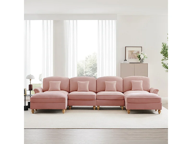 Canapé 4 places d’angle Modulable en U - Chenille - avec cantonnière amovible et 2 pouf mobile - 350x140x93cm - Rose