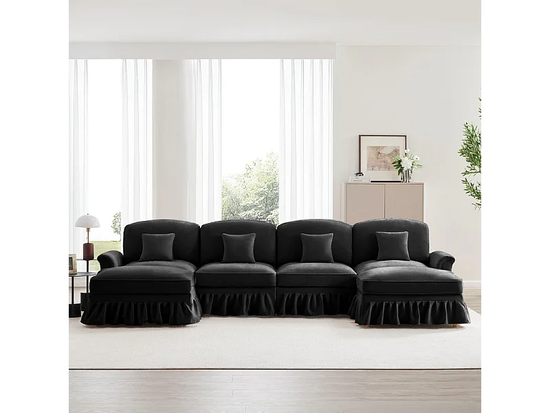 Sofá Cantinho Modular 4 Lugares em U - Chenille - Capa Removível e 2 Pufs - 350x140x93cm - Preto