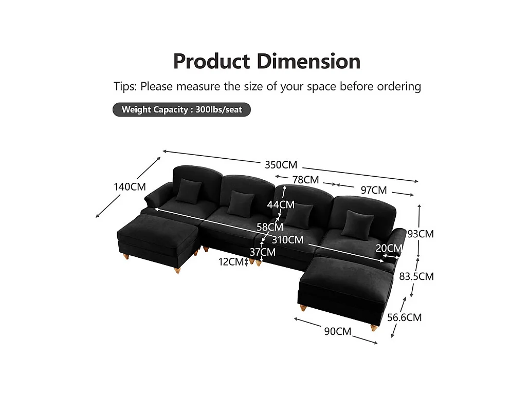Sofá Cantinho Modular 4 Lugares em U - Chenille - Capa Removível e 2 Pufs - 350x140x93cm - Preto