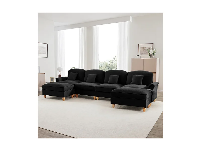 Sofá Cantinho Modular 4 Lugares em U - Chenille - Capa Removível e 2 Pufs - 350x140x93cm - Preto