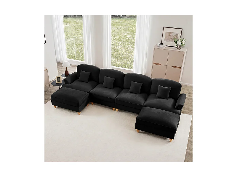 Sofá Cantinho Modular 4 Lugares em U - Chenille - Capa Removível e 2 Pufs - 350x140x93cm - Preto