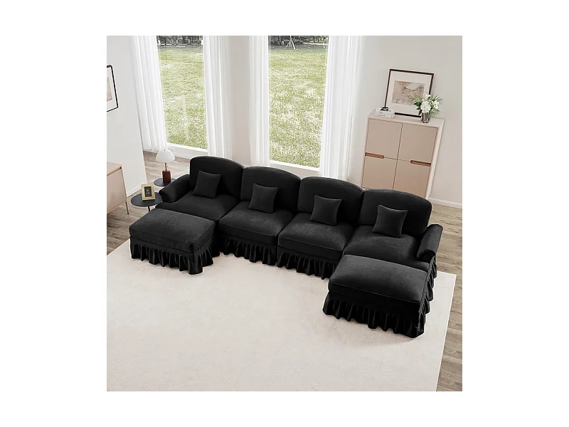 Sofá Cantinho Modular 4 Lugares em U - Chenille - Capa Removível e 2 Pufs - 350x140x93cm - Preto