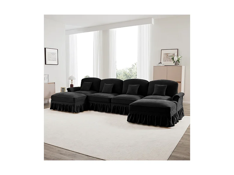 Sofá Cantinho Modular 4 Lugares em U - Chenille - Capa Removível e 2 Pufs - 350x140x93cm - Preto