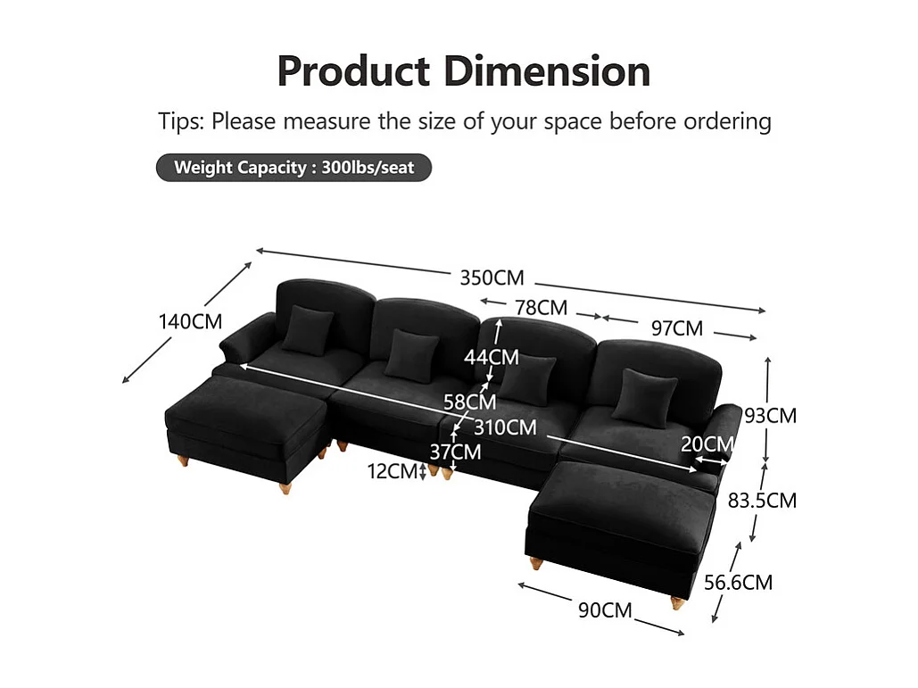 Canapé 4 places d’angle Modulable en U - Chenille - avec cantonnière amovible et 2 pouf mobile - 350x140x93cm - Noir