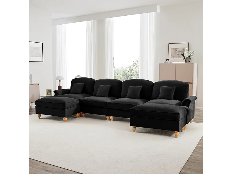 Canapé 4 places d’angle Modulable en U - Chenille - avec cantonnière amovible et 2 pouf mobile - 350x140x93cm - Noir