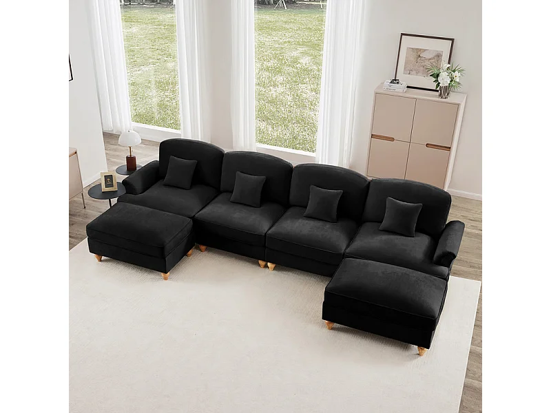 Canapé 4 places d’angle Modulable en U - Chenille - avec cantonnière amovible et 2 pouf mobile - 350x140x93cm - Noir