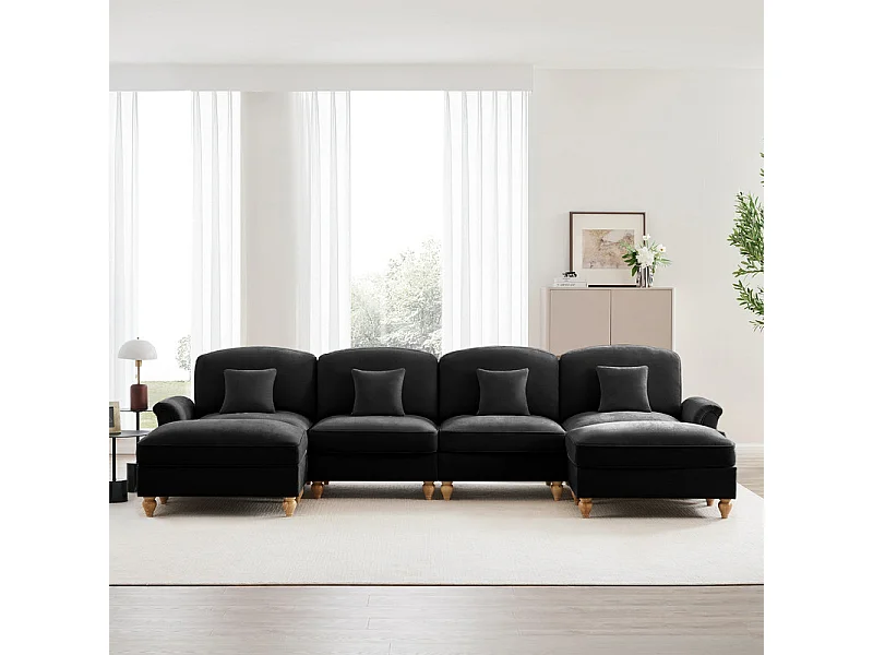 Canapé 4 places d’angle Modulable en U - Chenille - avec cantonnière amovible et 2 pouf mobile - 350x140x93cm - Noir