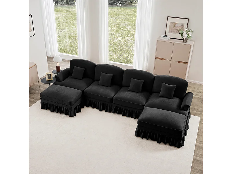 Canapé 4 places d’angle Modulable en U - Chenille - avec cantonnière amovible et 2 pouf mobile - 350x140x93cm - Noir