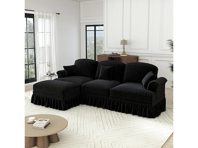 Modulare Eckcouch 3-Sitzer Chenille - Abnehmbarer Überwurf und Hocker - 272x140x93cm - Schwarz