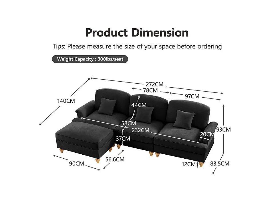 Sofá Cantinho Modular 3 Lugares Chenille - Capa Removível e Puf Móvel - 272x140x93cm - Preto