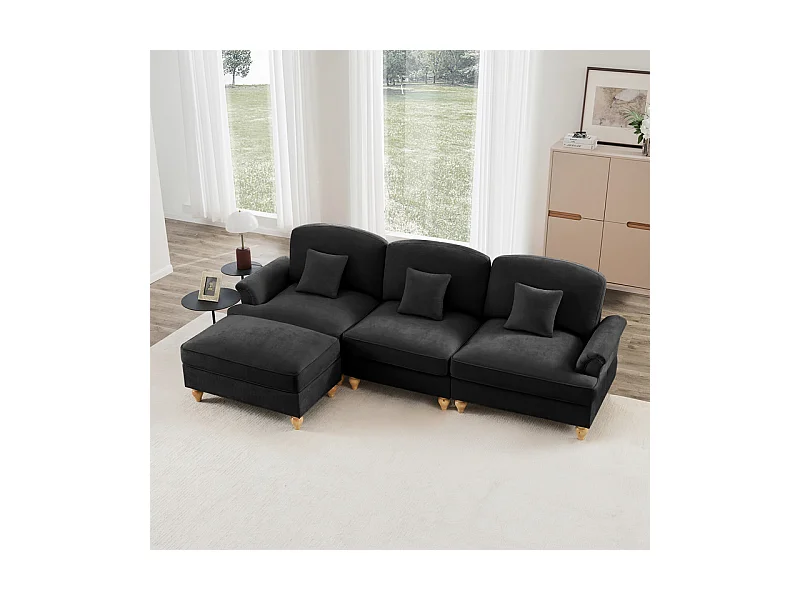 Sofá Cantinho Modular 3 Lugares Chenille - Capa Removível e Puf Móvel - 272x140x93cm - Preto