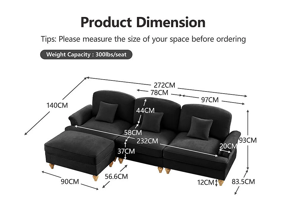 Canapé 3 places d’angle modulable en Chenille - avec cantonnière amovible et pouf mobile - 272x140x93cm - Noir
