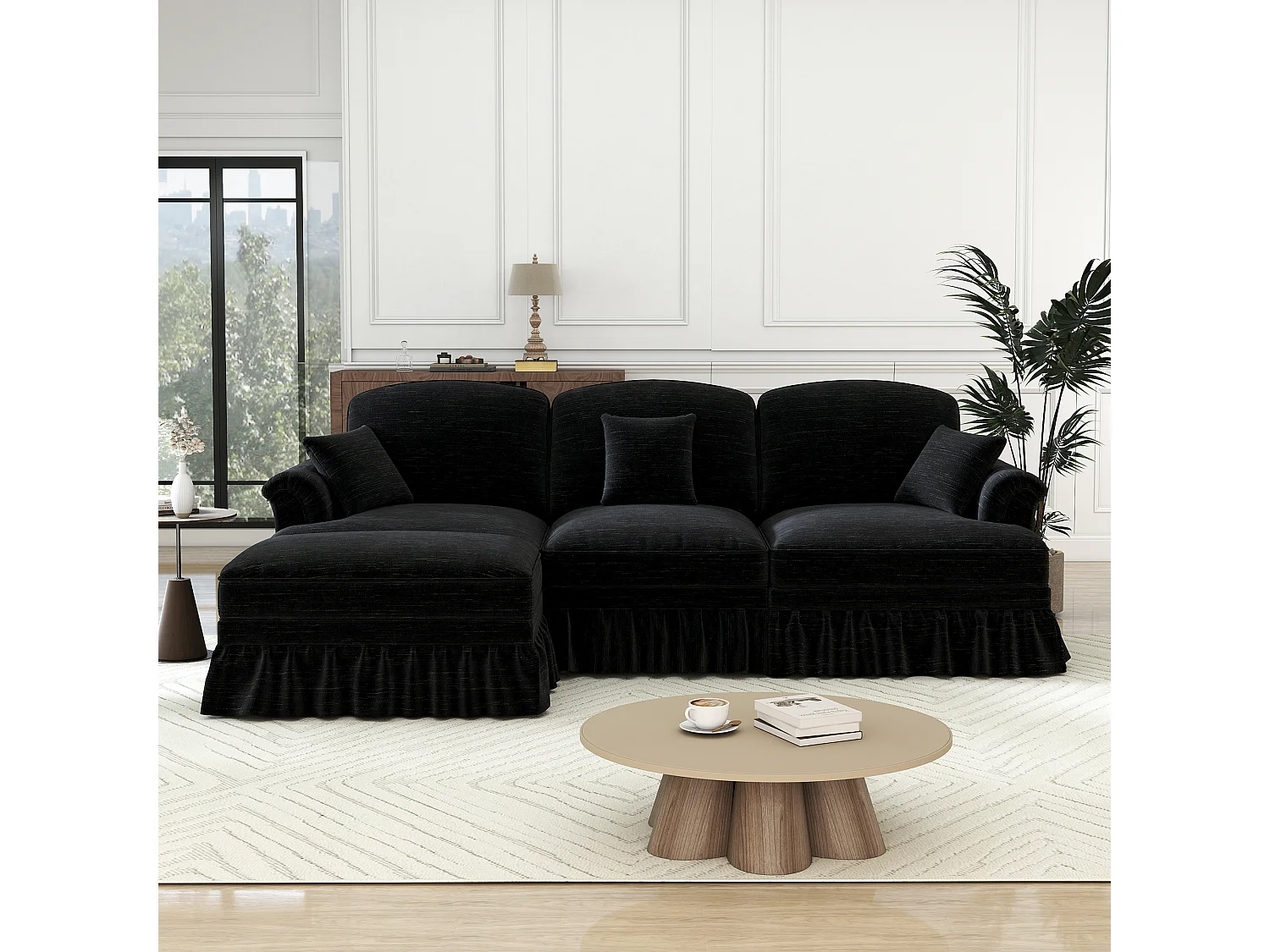 Canapé 3 places d’angle modulable en Chenille - avec cantonnière amovible et pouf mobile - 272x140x93cm - Noir
