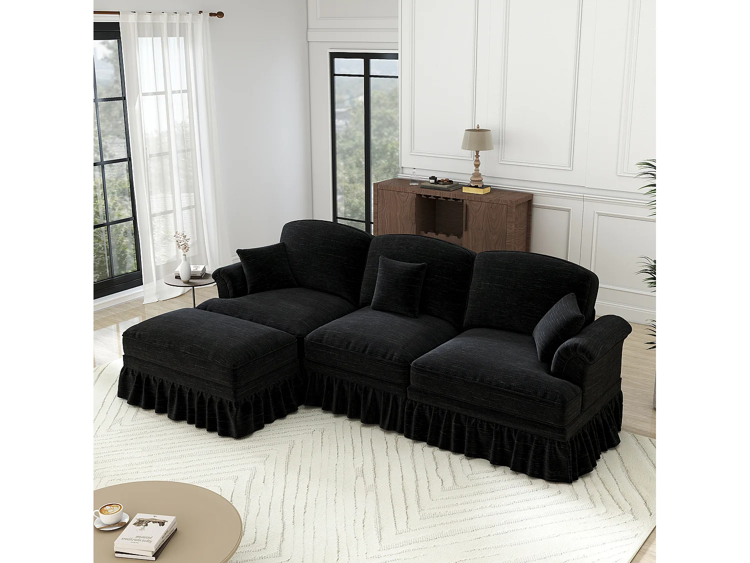 Canapé 3 places d’angle modulable en Chenille - avec cantonnière amovible et pouf mobile - 272x140x93cm - Noir