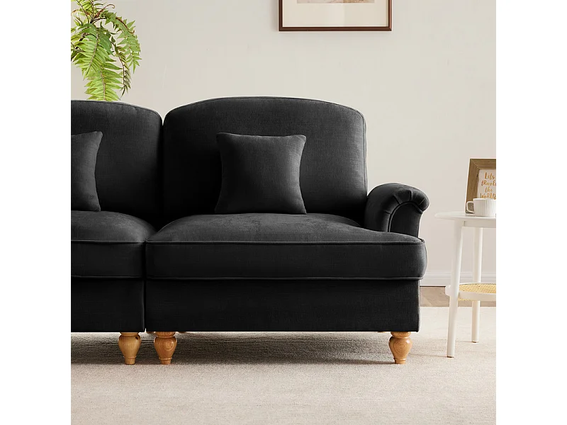 Canapé 3 places d’angle modulable en Chenille - avec cantonnière amovible et pouf mobile - 272x140x93cm - Noir