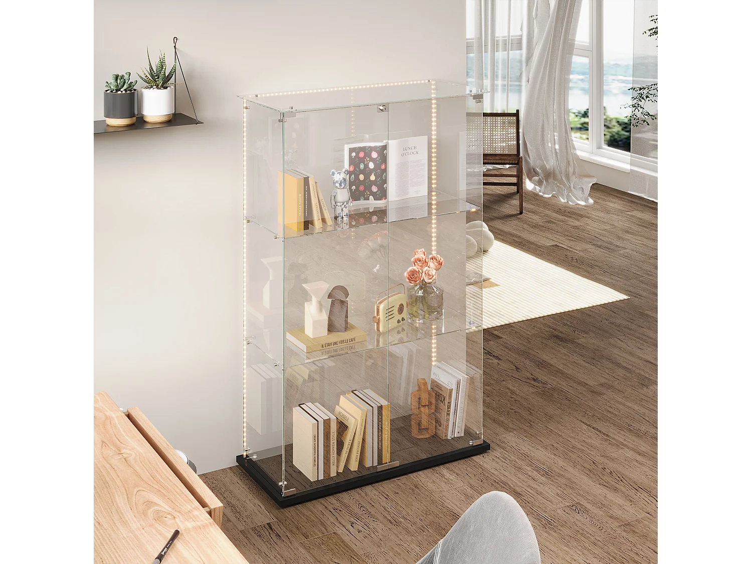 Vetrina a 3 ripiani con doppia anta in vetro temperato, retro nero e illuminazione LED integrata – Vetrina moderna