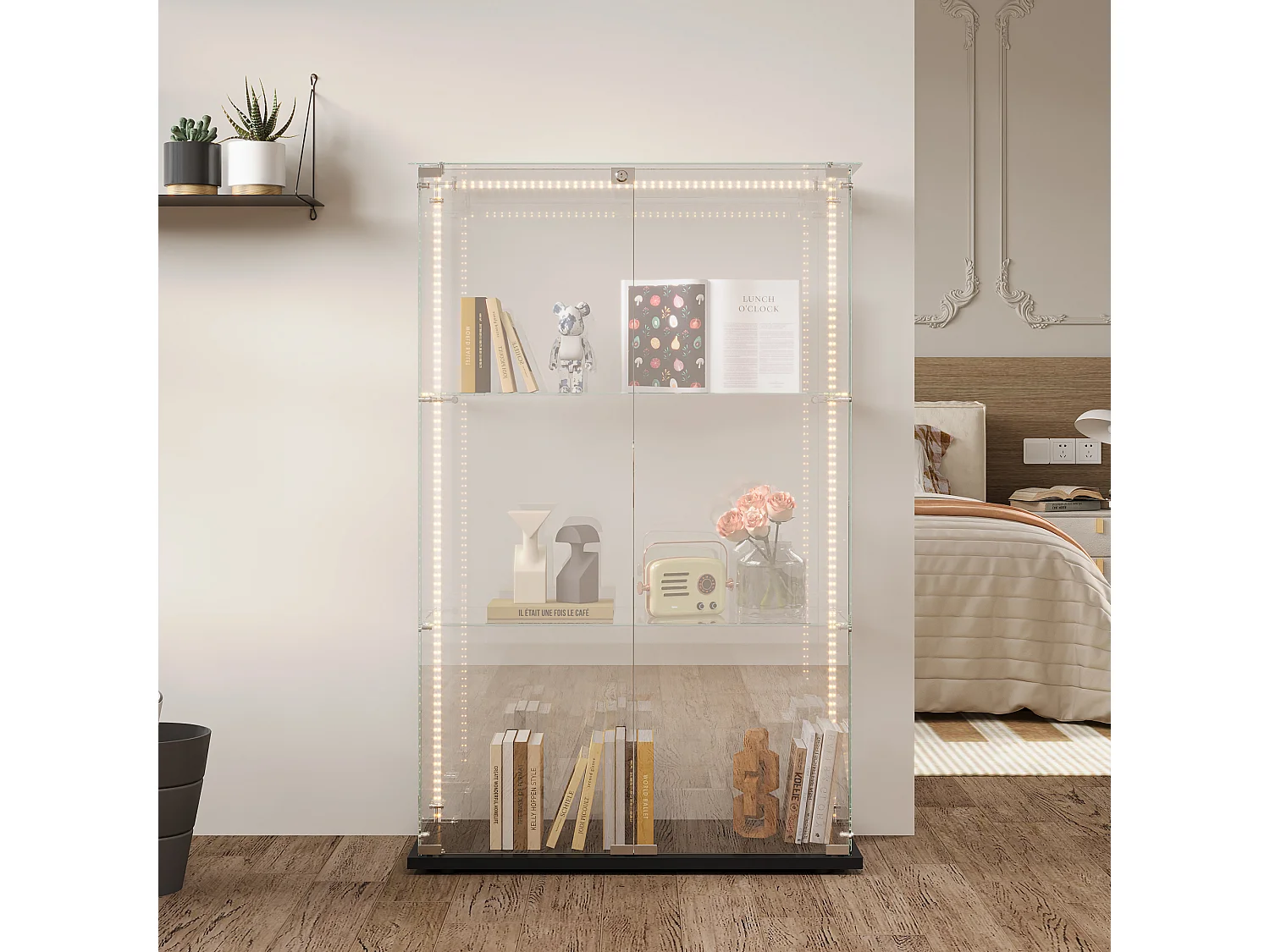 Vetrina a 3 ripiani con doppia anta in vetro temperato, retro nero e illuminazione LED integrata – Vetrina moderna