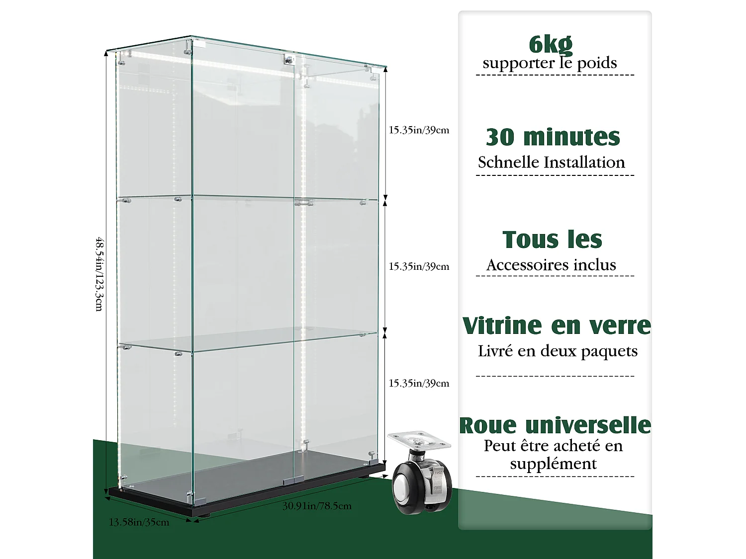 Armário de exposição de 3 níveis com porta de vidro temperado duplo, parte traseira preta e iluminação LED integrada – Armário de vidro moderno