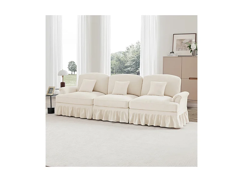 Canapé 3 places en Chenille milieu du siècle, avec cantonnière amovible et 3 oreillers, 272x83.5x93cm, Beige