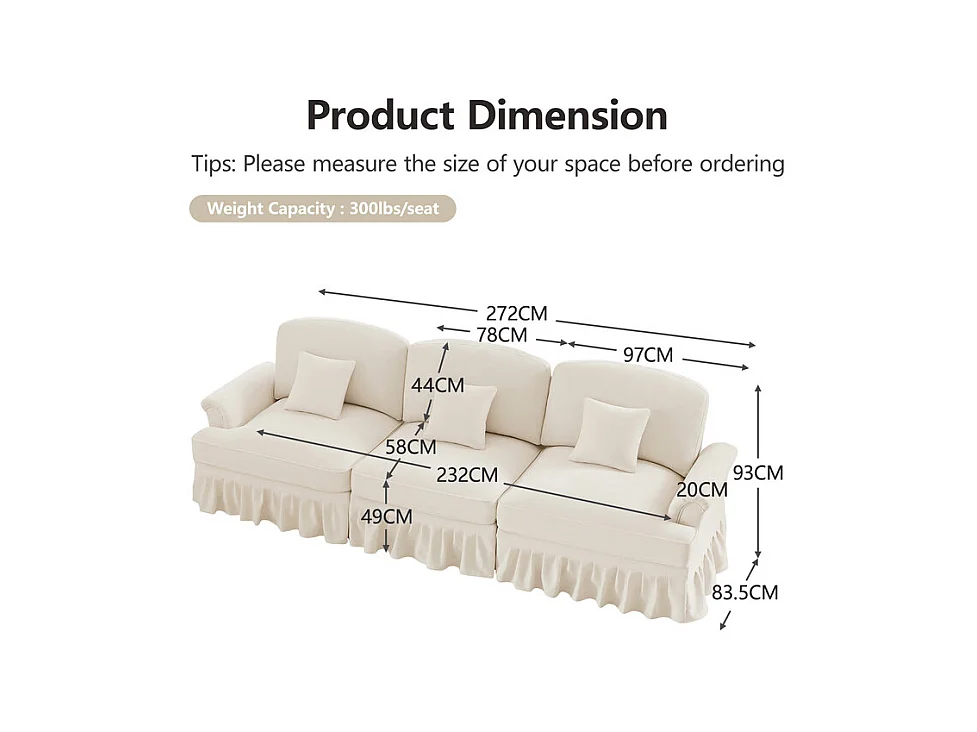 Canapé 3 places en Chenille milieu du siècle, avec cantonnière amovible et 3 oreillers, 272x83.5x93cm, Beige