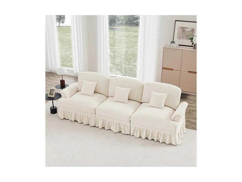 Canapé 3 places en Chenille milieu du siècle, avec cantonnière amovible et 3 oreillers, 272x83.5x93cm, Beige