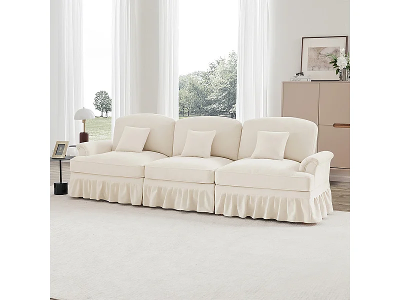 Canapé 3 places en Chenille milieu du siècle, avec cantonnière amovible et 3 oreillers, 272x83.5x93cm, Beige