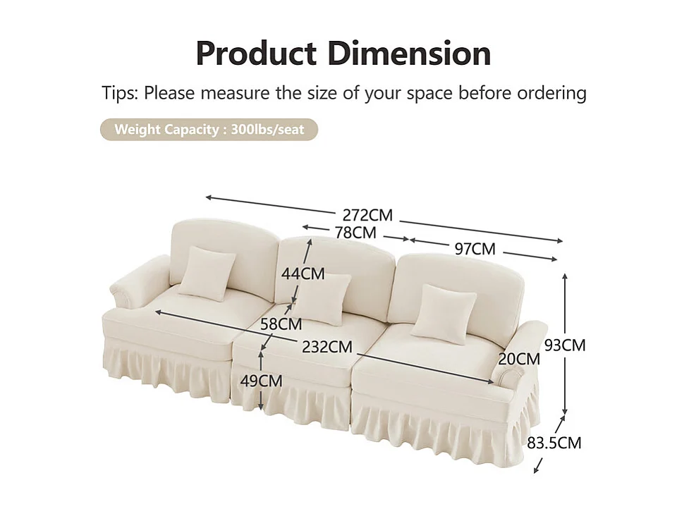 Canapé 3 places en Chenille milieu du siècle, avec cantonnière amovible et 3 oreillers, 272x83.5x93cm, Beige