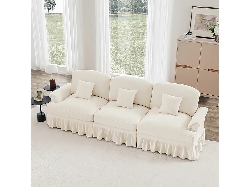 Canapé 3 places en Chenille milieu du siècle, avec cantonnière amovible et 3 oreillers, 272x83.5x93cm, Beige